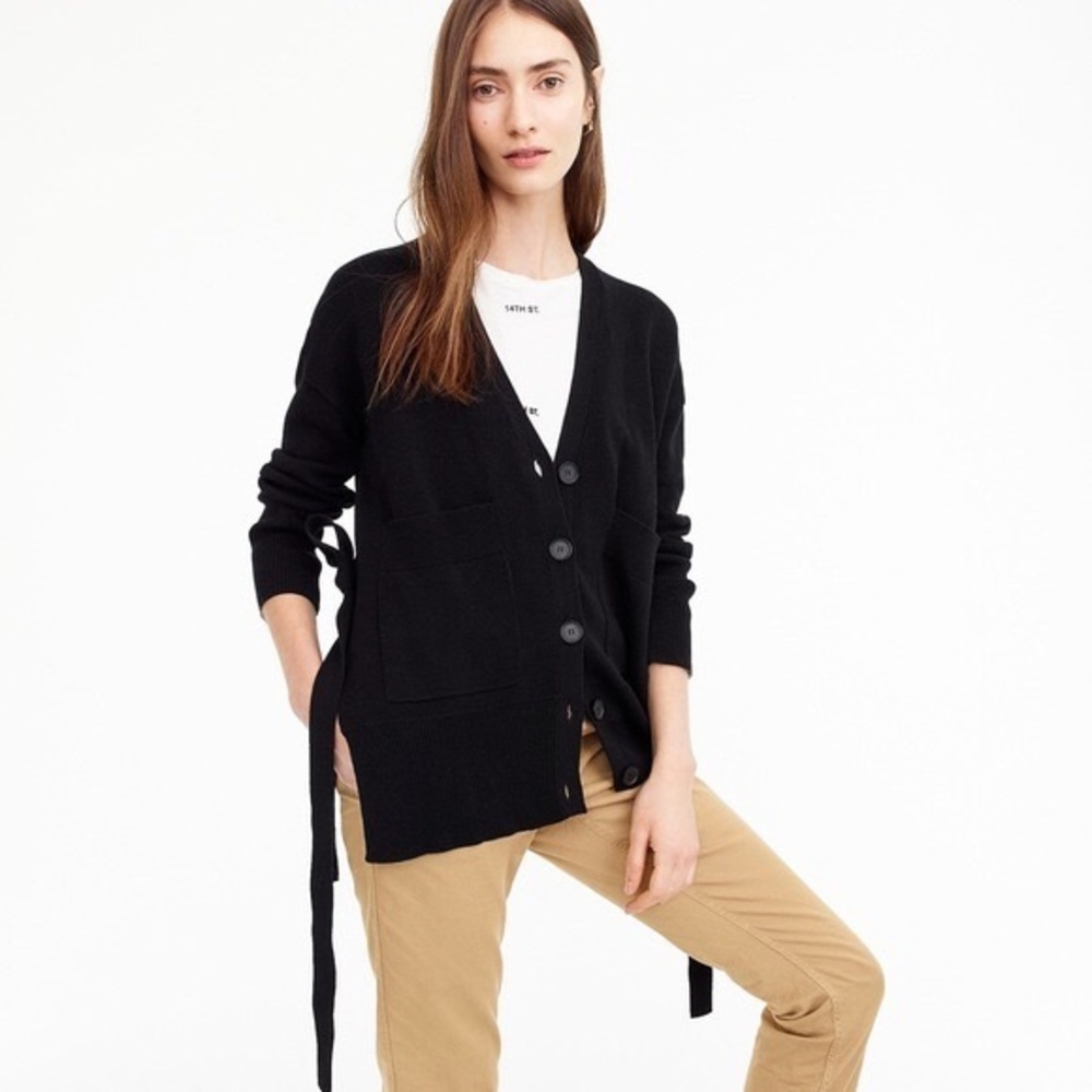 J. Crew Oversized Button Front Black Wrap Cardigan Sweater with Side Ties XL